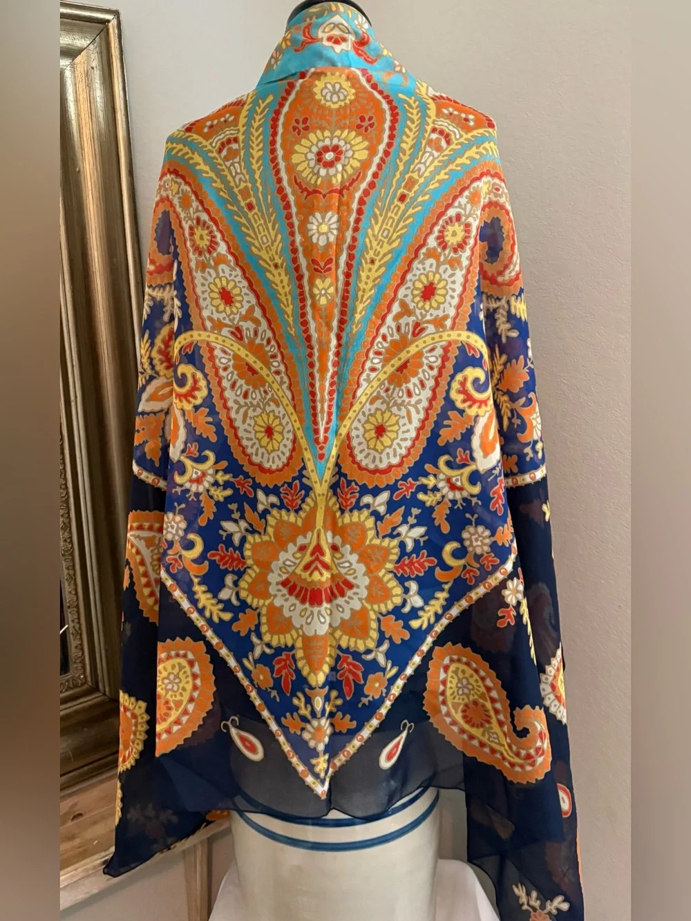 Larioseta Como Italy Oversized Paisley Scarf Blue Orange Floral Wrap Shawl.